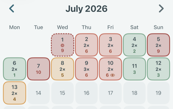 Calendar month cells with each day color-coded by episode intensity, showing episode counts and an aura marker