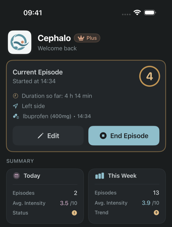 Top of the same home screen in Cephalo's dark mode: dimmed surfaces, the current episode card, and soft sea-glass accents