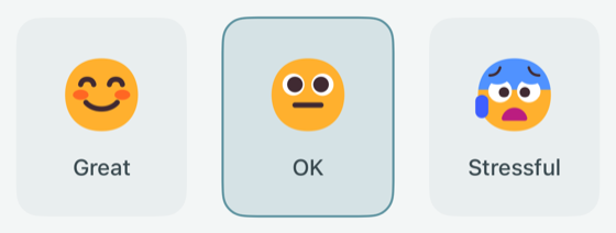 Evening check-in mood row with three smiley options: Great, OK, and Stressful, with OK selected