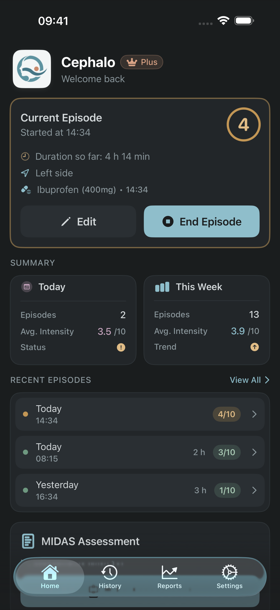 The same Cephalo home screen in dark mode: dimmed surfaces with soft sea-glass accents
