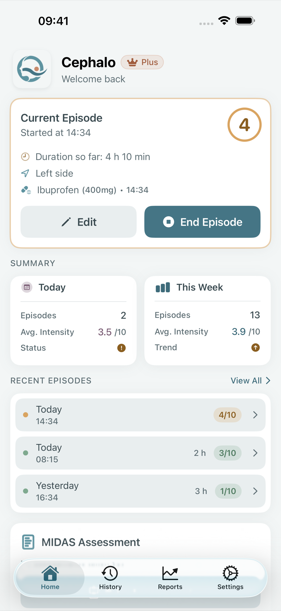 Cephalo home screen in light mode: a current episode card with intensity, duration, and medication, above a weekly summary and recent episodes